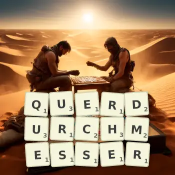 Kreative Illustration für ein Scrabble-Spiel, bei dem das Wort QUERDURCHMESSER mit Steinen auf dem Brett gelegt wurde.