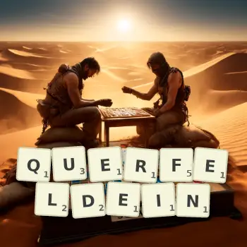 Kreative Illustration für ein Scrabble-Spiel, bei dem das Wort QUERFELDEIN mit Steinen auf dem Brett gelegt wurde.