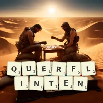 Kreative Illustration für ein Scrabble-Spiel, bei dem das Wort QUERFLINTEN mit Steinen auf dem Brett gelegt wurde.