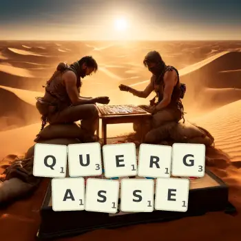 Kreative Illustration für ein Scrabble-Spiel, bei dem das Wort QUERGASSE mit Steinen auf dem Brett gelegt wurde.