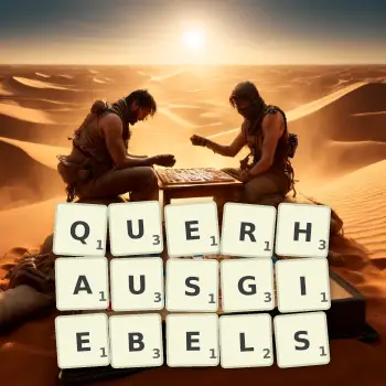 Kreative Illustration für ein Scrabble-Spiel, bei dem das Wort QUERHAUSGIEBELS mit Steinen auf dem Brett gelegt wurde.
