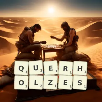 Kreative Illustration für ein Scrabble-Spiel, bei dem das Wort QUERHOLZES mit Steinen auf dem Brett gelegt wurde.