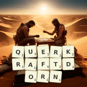 Kreative Illustration für ein Scrabble-Spiel, bei dem das Wort QUERKRAFTDORN mit Steinen auf dem Brett gelegt wurde.