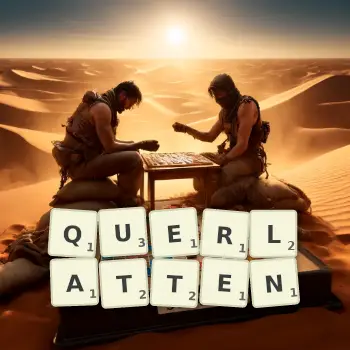 Kreative Illustration für ein Scrabble-Spiel, bei dem das Wort QUERLATTEN mit Steinen auf dem Brett gelegt wurde.