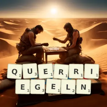 Kreative Illustration für ein Scrabble-Spiel, bei dem das Wort QUERRIEGELN mit Steinen auf dem Brett gelegt wurde.