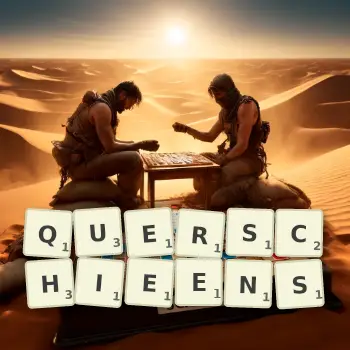 Kreative Illustration für ein Scrabble-Spiel, bei dem das Wort QUERSCHIEENS mit Steinen auf dem Brett gelegt wurde.