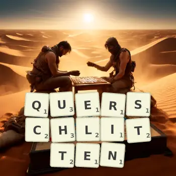 Kreative Illustration für ein Scrabble-Spiel, bei dem das Wort QUERSCHLITTEN mit Steinen auf dem Brett gelegt wurde.