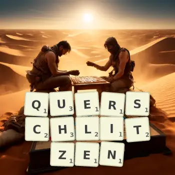 Kreative Illustration für ein Scrabble-Spiel, bei dem das Wort QUERSCHLITZEN mit Steinen auf dem Brett gelegt wurde.