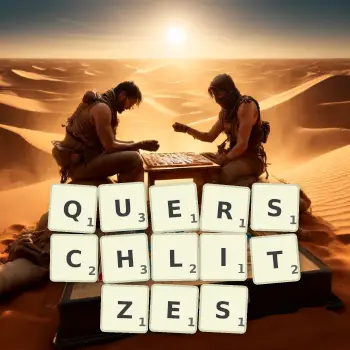 Kreative Illustration für ein Scrabble-Spiel, bei dem das Wort QUERSCHLITZES mit Steinen auf dem Brett gelegt wurde.