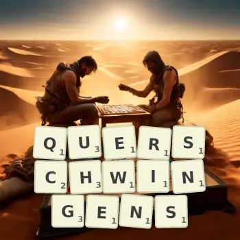 Kreative Illustration für ein Scrabble-Spiel, bei dem das Wort QUERSCHWINGENS mit Steinen auf dem Brett gelegt wurde.