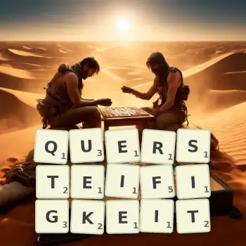 Kreative Illustration für ein Scrabble-Spiel, bei dem das Wort QUERSTEIFIGKEIT mit Steinen auf dem Brett gelegt wurde.