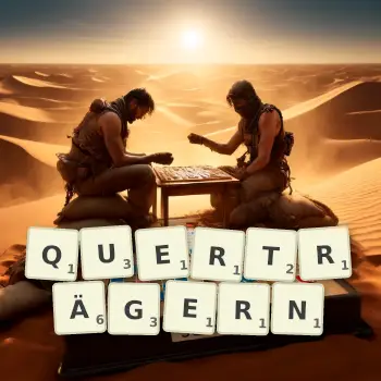 Kreative Illustration für ein Scrabble-Spiel, bei dem das Wort QUERTRÄGERN mit Steinen auf dem Brett gelegt wurde.