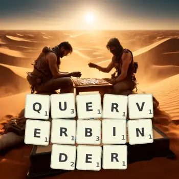 Kreative Illustration für ein Scrabble-Spiel, bei dem das Wort QUERVERBINDER mit Steinen auf dem Brett gelegt wurde.