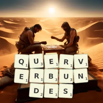 Kreative Illustration für ein Scrabble-Spiel, bei dem das Wort QUERVERBUNDES mit Steinen auf dem Brett gelegt wurde.