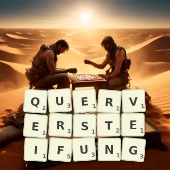 Kreative Illustration für ein Scrabble-Spiel, bei dem das Wort QUERVERSTEIFUNG mit Steinen auf dem Brett gelegt wurde.