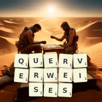 Kreative Illustration für ein Scrabble-Spiel, bei dem das Wort QUERVERWEISES mit Steinen auf dem Brett gelegt wurde.