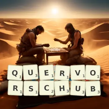 Kreative Illustration für ein Scrabble-Spiel, bei dem das Wort QUERVORSCHUB mit Steinen auf dem Brett gelegt wurde.