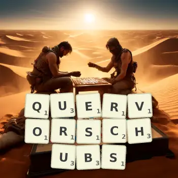 Kreative Illustration für ein Scrabble-Spiel, bei dem das Wort QUERVORSCHUBS mit Steinen auf dem Brett gelegt wurde.