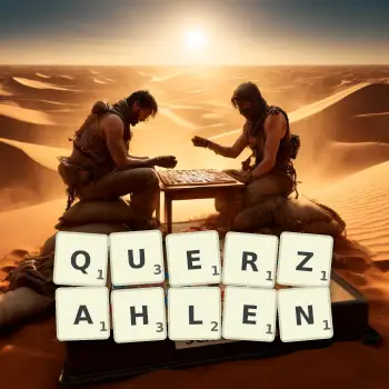 Kreative Illustration für ein Scrabble-Spiel, bei dem das Wort QUERZAHLEN mit Steinen auf dem Brett gelegt wurde.