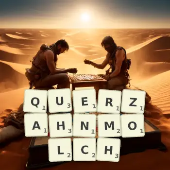 Kreative Illustration für ein Scrabble-Spiel, bei dem das Wort QUERZAHNMOLCH mit Steinen auf dem Brett gelegt wurde.