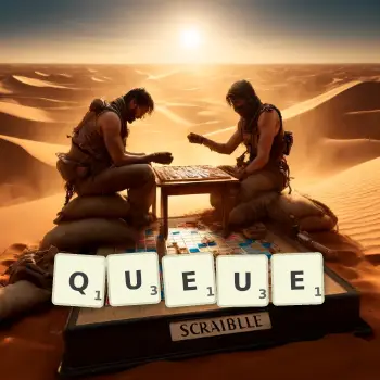 Kreative Illustration für ein Scrabble-Spiel, bei dem das Wort QUEUE mit Steinen auf dem Brett gelegt wurde.