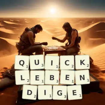 Kreative Illustration für ein Scrabble-Spiel, bei dem das Wort QUICKLEBENDIGE mit Steinen auf dem Brett gelegt wurde.