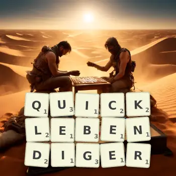 Kreative Illustration für ein Scrabble-Spiel, bei dem das Wort QUICKLEBENDIGER mit Steinen auf dem Brett gelegt wurde.