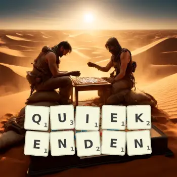 Kreative Illustration für ein Scrabble-Spiel, bei dem das Wort QUIEKENDEN mit Steinen auf dem Brett gelegt wurde.
