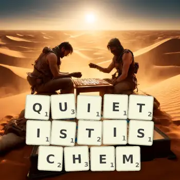 Kreative Illustration für ein Scrabble-Spiel, bei dem das Wort QUIETISTISCHEM mit Steinen auf dem Brett gelegt wurde.