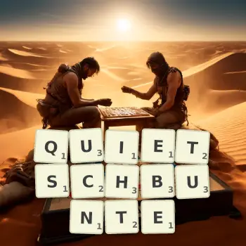 Kreative Illustration für ein Scrabble-Spiel, bei dem das Wort QUIETSCHBUNTE mit Steinen auf dem Brett gelegt wurde.