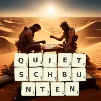 Kreative Illustration für ein Scrabble-Spiel, bei dem das Wort QUIETSCHBUNTEN mit Steinen auf dem Brett gelegt wurde.