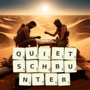 Kreative Illustration für ein Scrabble-Spiel, bei dem das Wort QUIETSCHBUNTER mit Steinen auf dem Brett gelegt wurde.