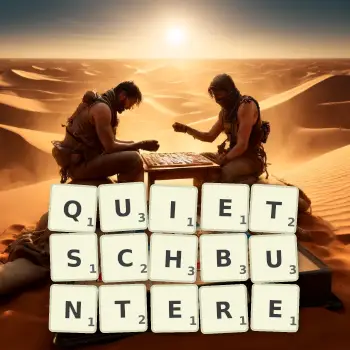 Kreative Illustration für ein Scrabble-Spiel, bei dem das Wort QUIETSCHBUNTERE mit Steinen auf dem Brett gelegt wurde.