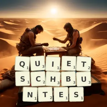 Kreative Illustration für ein Scrabble-Spiel, bei dem das Wort QUIETSCHBUNTES mit Steinen auf dem Brett gelegt wurde.