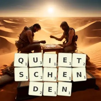 Kreative Illustration für ein Scrabble-Spiel, bei dem das Wort QUIETSCHENDEN mit Steinen auf dem Brett gelegt wurde.