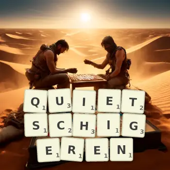 Kreative Illustration für ein Scrabble-Spiel, bei dem das Wort QUIETSCHIGEREN mit Steinen auf dem Brett gelegt wurde.