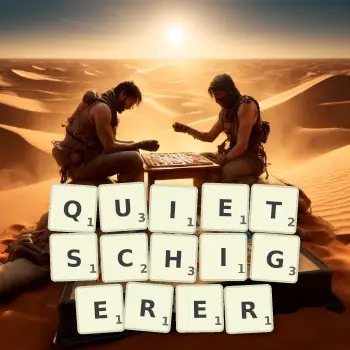 Kreative Illustration für ein Scrabble-Spiel, bei dem das Wort QUIETSCHIGERER mit Steinen auf dem Brett gelegt wurde.