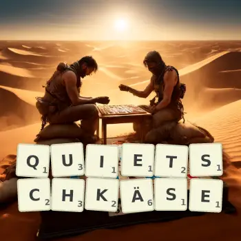 Kreative Illustration für ein Scrabble-Spiel, bei dem das Wort QUIETSCHKÄSE mit Steinen auf dem Brett gelegt wurde.