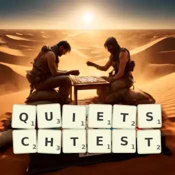 Kreative Illustration für ein Scrabble-Spiel, bei dem das Wort QUIETSCHTEST mit Steinen auf dem Brett gelegt wurde.