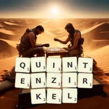 Kreative Illustration für ein Scrabble-Spiel, bei dem das Wort QUINTENZIRKEL mit Steinen auf dem Brett gelegt wurde.