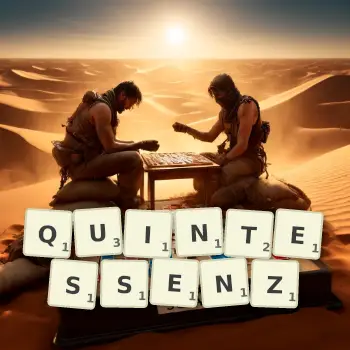 Kreative Illustration für ein Scrabble-Spiel, bei dem das Wort QUINTESSENZ mit Steinen auf dem Brett gelegt wurde.