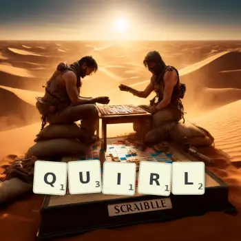 Kreative Illustration für ein Scrabble-Spiel, bei dem das Wort QUIRL mit Steinen auf dem Brett gelegt wurde.