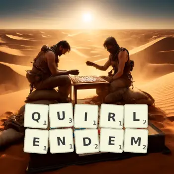 Kreative Illustration für ein Scrabble-Spiel, bei dem das Wort QUIRLENDEM mit Steinen auf dem Brett gelegt wurde.