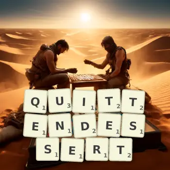 Kreative Illustration für ein Scrabble-Spiel, bei dem das Wort QUITTENDESSERT mit Steinen auf dem Brett gelegt wurde.