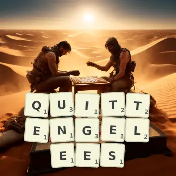 Kreative Illustration für ein Scrabble-Spiel, bei dem das Wort QUITTENGELEES mit Steinen auf dem Brett gelegt wurde.