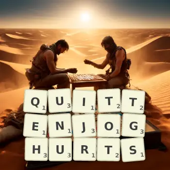 Kreative Illustration für ein Scrabble-Spiel, bei dem das Wort QUITTENJOGHURTS mit Steinen auf dem Brett gelegt wurde.