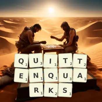 Kreative Illustration für ein Scrabble-Spiel, bei dem das Wort QUITTENQUARKS mit Steinen auf dem Brett gelegt wurde.