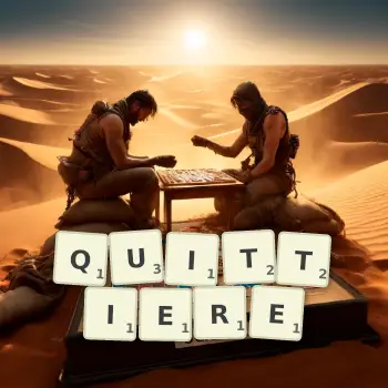 Kreative Illustration für ein Scrabble-Spiel, bei dem das Wort QUITTIERE mit Steinen auf dem Brett gelegt wurde.