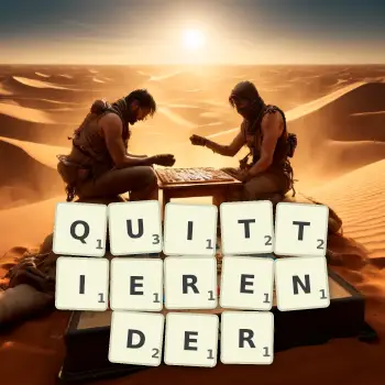 Kreative Illustration für ein Scrabble-Spiel, bei dem das Wort QUITTIERENDER mit Steinen auf dem Brett gelegt wurde.