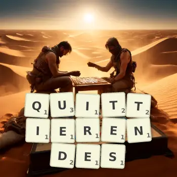 Kreative Illustration für ein Scrabble-Spiel, bei dem das Wort QUITTIERENDES mit Steinen auf dem Brett gelegt wurde.
